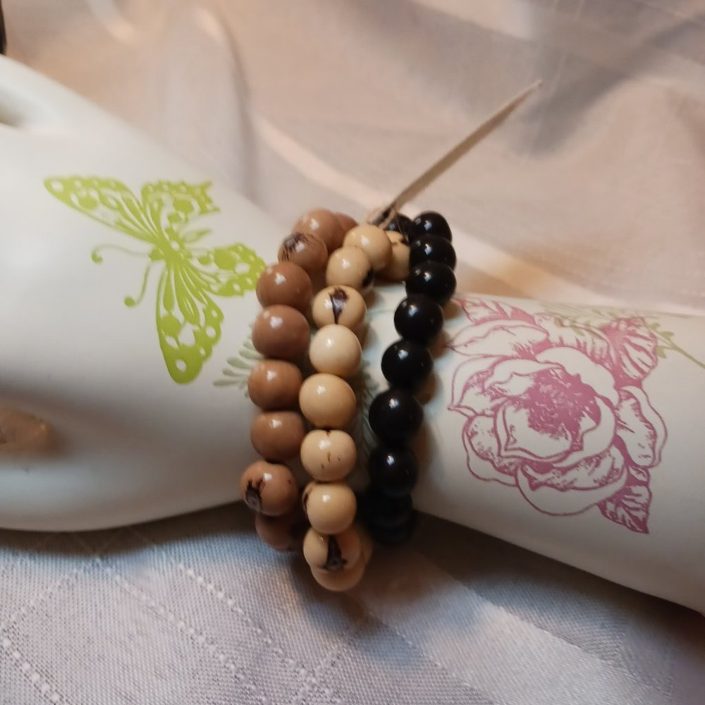 Organic Tagua Nut Bracelet Set Brown/ Beige /Tan